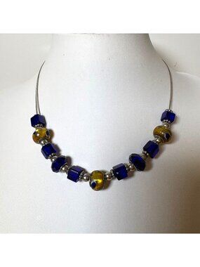 Handcrafted Silver Tone Blue Golden Yellow Beaded Necklace Glass Beads Jewelry